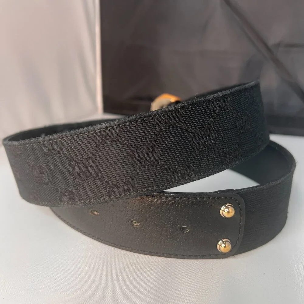 GUCCI Belt Canvas and Leather Bamboo G Buckle 37 inches black - Picture 3 of 7